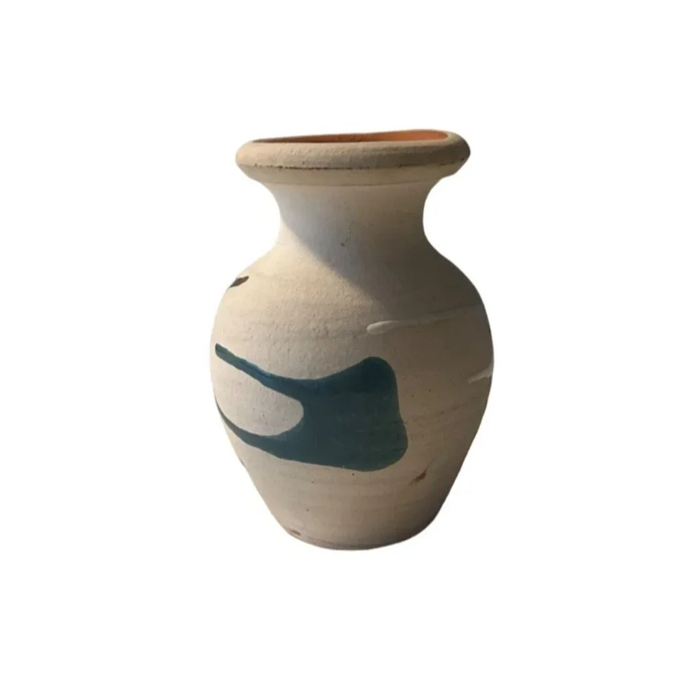 Handcrafted Dominican clay Vase With Abstract Painted Design Beige With Green &
